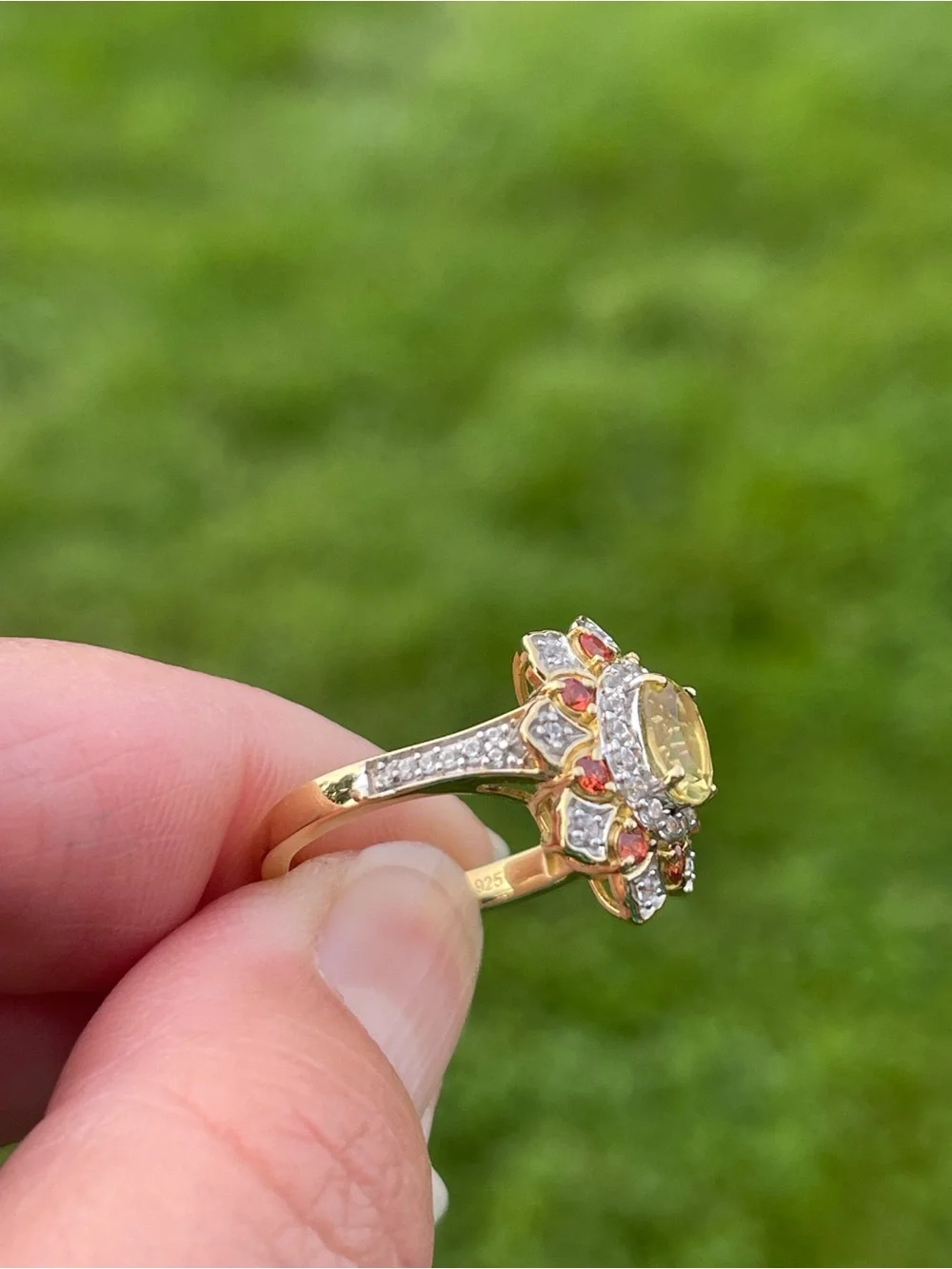 Heliodor and Red Sapphire Floral Ring